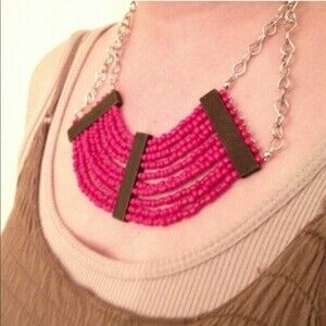 Handmade Necklace Boho Hot Pink Beaded Statement Bib